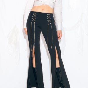 Vintage Y2K Slit Leg Flare Trousers with Lace Up Details - 2000s Low Rise Wide Leg Pants - Size S