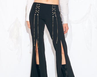 Vintage Y2K Slit Leg Flare Trousers with Lace Up Details - 2000s Low Rise Wide Leg Pants - Size S