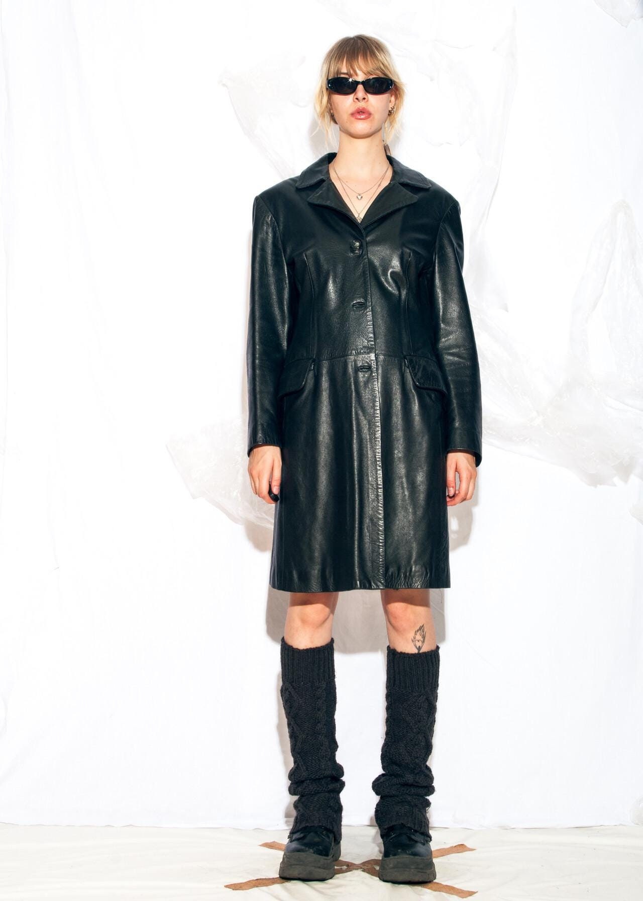 Vintage Y2K Leather Trench Coat in Black - 2000s Matrix Style Real