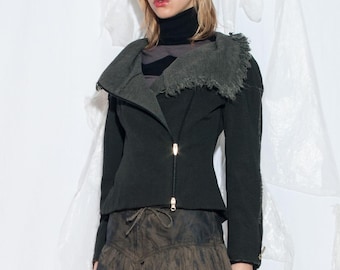 Vintage Y2K Blazer Coat in Grey - 2000s Circus Aesthetic Weird Style Jacket with Wide Shoulders - Size S