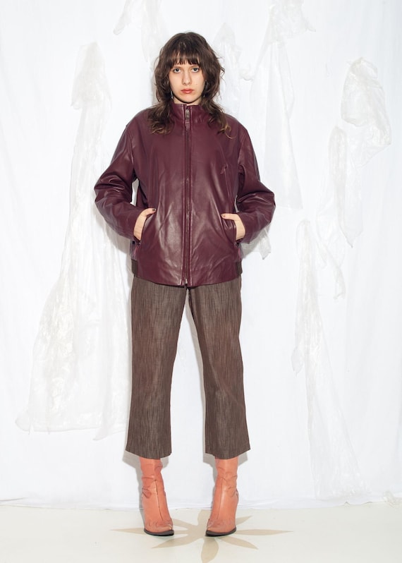 Vintage Y2K Leather Jacket in Maroon Purple - 2000s BMW Oversized 