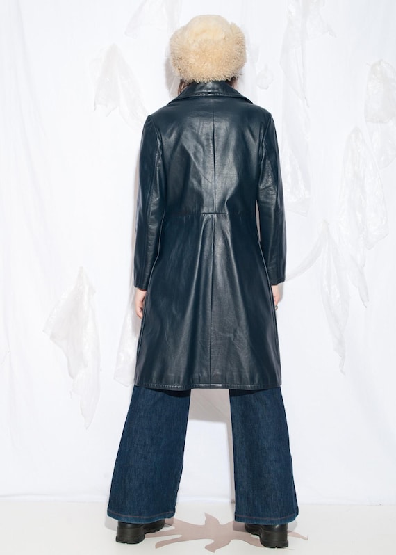 Vintage 70s Leather Coat in Blue - 1970s Long Trench Whimsigoth
