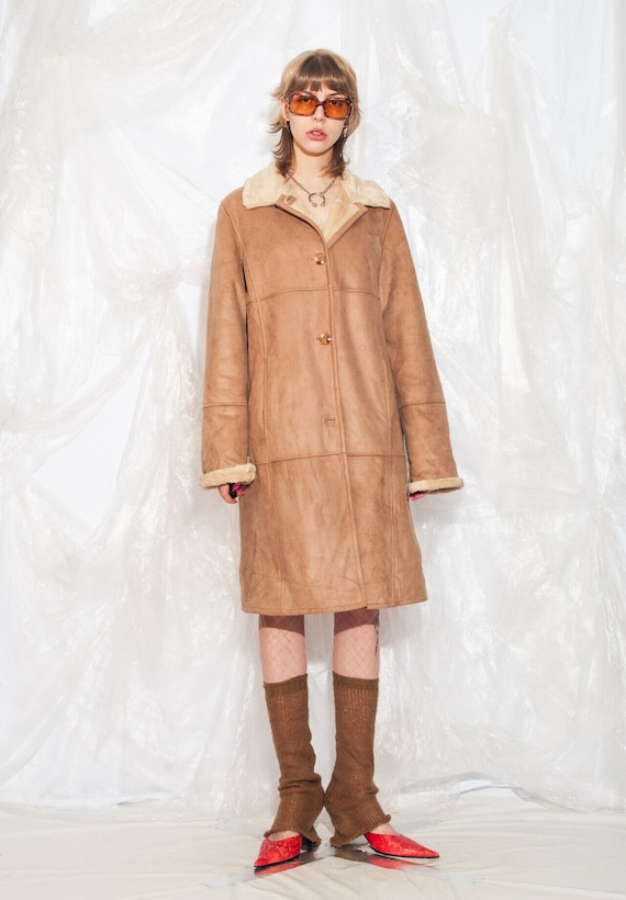 Vintage Y2K Faux Shearling Coat in Beige 2000s Faux Suede Fur