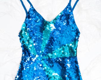 Vintage Y2K Sequin Top in Blue - 2000s Paris Hilton Style Party Camisole - Size M