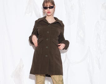 Vintage Y2K Buffalo Coat in Green - 2000s Khaki Outerwear - Office Siren Aesthetic Jacket - Size S