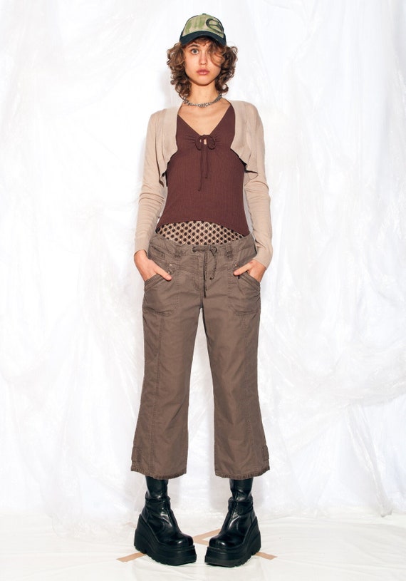 Vintage Y2K Bolero Crop Cardigan in Beige 2000s Preppy Long Sleeve Knit Top Medium