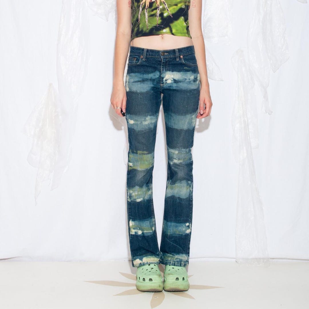 Reworked Vintage Y2K Flare Jeans in Hand Painted Green Blue