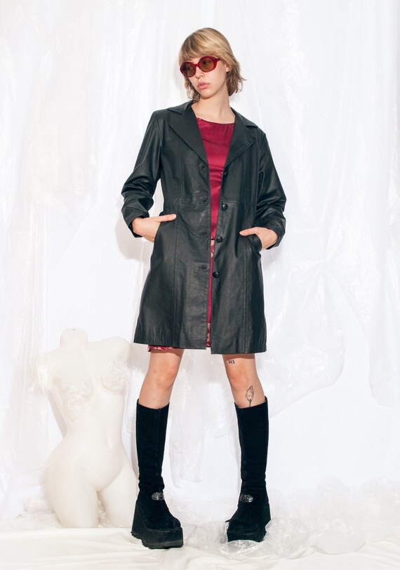 Vintage Y2K Leather Coat in Black Matrix Style 2000s Maxi Coat