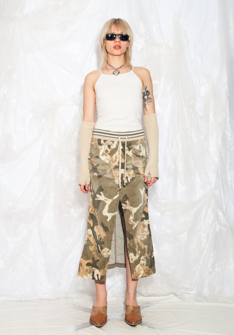 Vintage Y2K Cargo Skirt in Green Camo Print 2000s Freesoul Maxi Skirt Military Streetwear Small image 1