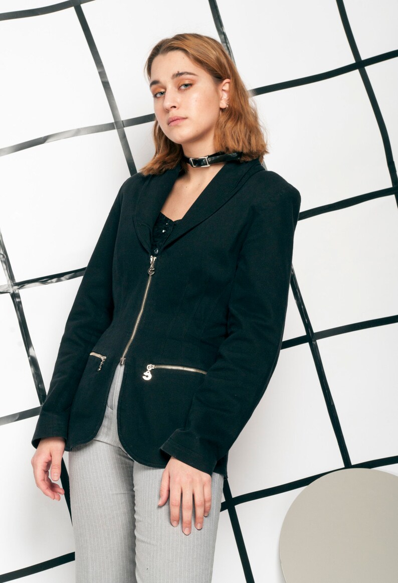 Zipper blazer 90s vintage black jacket 90/'s vntg grunge jacket Long blazer