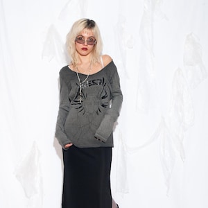 Vintage Y2K Diesel Long Sleeved Top in Grey - 2000s Oversized Grunge Style Printed Homeless Shirt - Size M