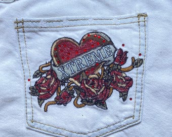 Vintage Y2K Flare Jeans in White Denim With Tattoo Embroidery