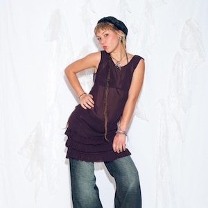 Vintage Y2K Midi Dress in Purple by Mint Velvet - 2000s Whimsigoth Frilly Sheer Summer Fashion - Size M
