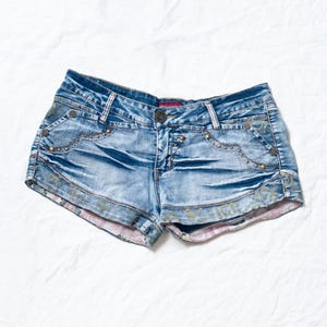 Microshorts vaqueros estilo Y2K vintage - Pantalones cortos grunge de tiro bajo - Conjunto para festivales - Talla XXL imagen 1