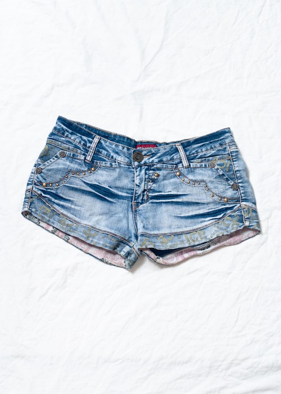 Vintage Y2K Denim Micro Shorts - Grunge Low Rise Hot Pants - Festival Outfit - Size XXL