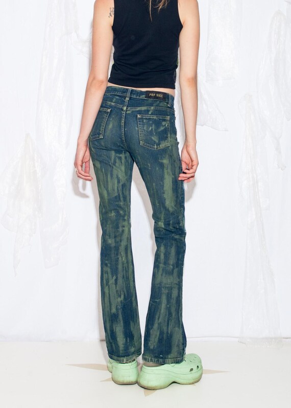 Reworked Vintage Y2K Flare Jeans in Hand Painted Green Blue