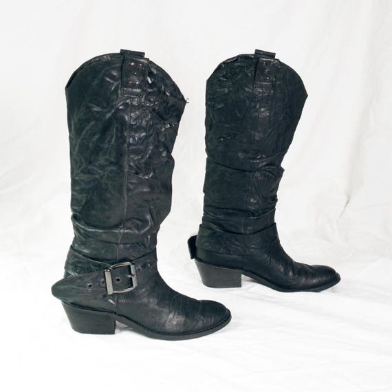 Vintage Y2K Western Cowboy Boots in Black Leather - 2000s Moto Biker Style - Size 37