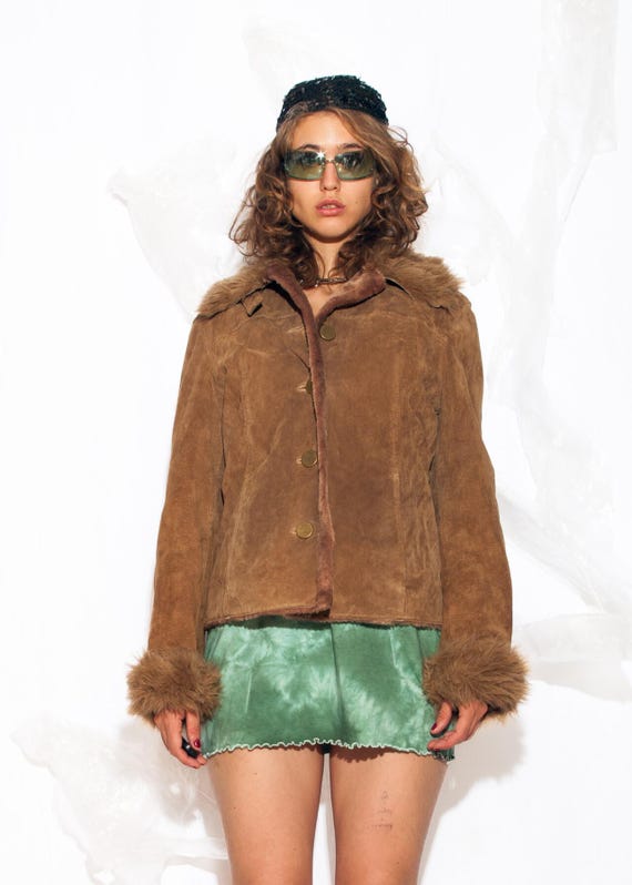 Vintage Y2K Leather Coat in Brown Shearling - 2000s Isaco Penny