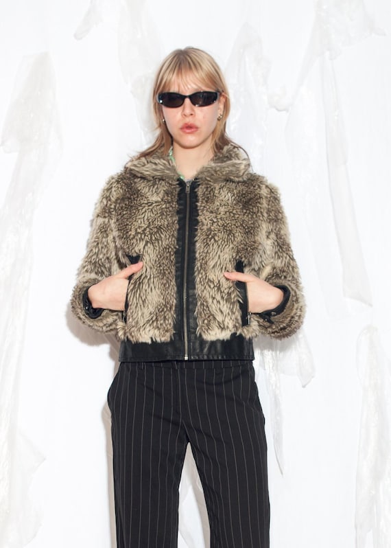 Vintage Y2K Faux Fur Jacket With Leather Detail in Black and