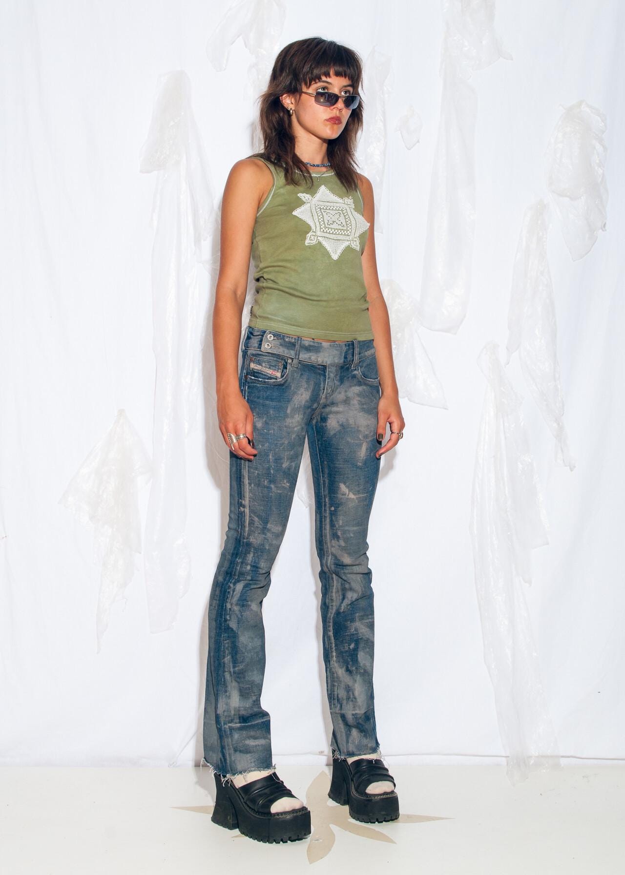 Reworked Vintage Y2K Diesel Jeans in Hand Painted Blue Grey 