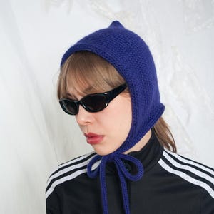 Handmade Knitted Hood in Purple made from Vintage Yarn - Baby Bonnet Hat with Bow - Sustainable Fashio Designer Accessory image 4