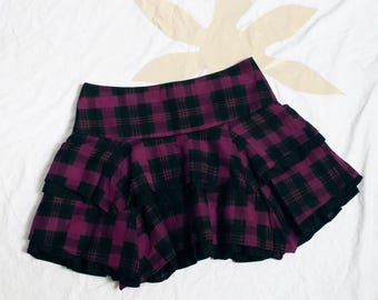 Vintage Y2K Purple Plaid Mini Skirt - Punk Ruffle Micro Skirt Grunge - Size L