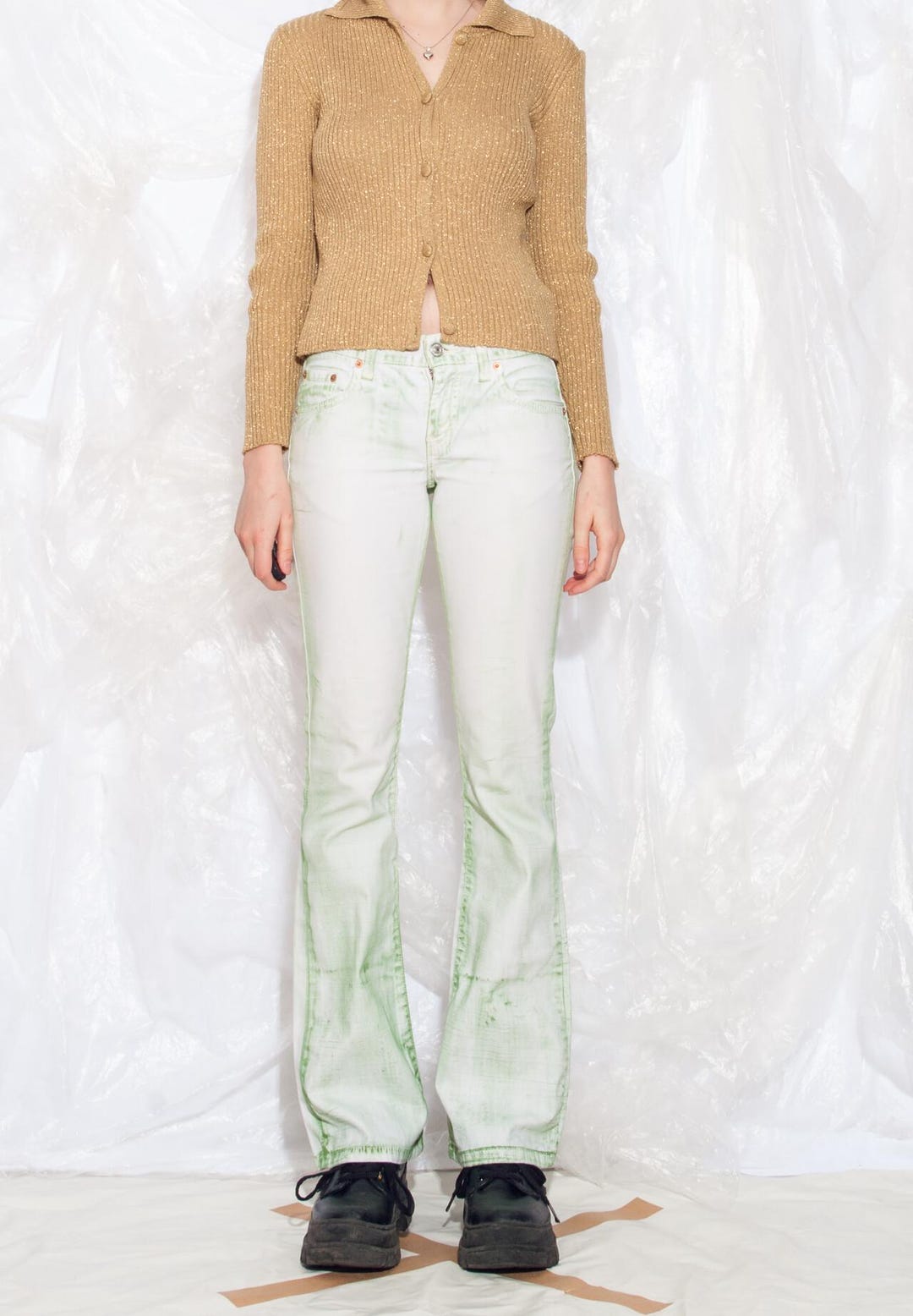 Vintage Y2K Levi's Flare Jeans in Green White Hand-painted 2000s