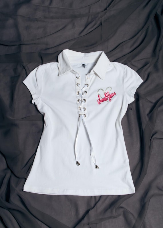 Vintage Y2K Lace up Baby Tee in White - 2000s Short Sleeved Collar