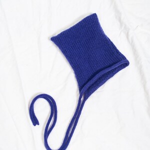 Handmade Knitted Hood in Purple made from Vintage Yarn - Baby Bonnet Hat with Bow - Sustainable Fashio Designer Accessory image 2