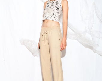 Vintage Y2K Wide Leg Linen Trousers in Beige - 2000s Summer Pants