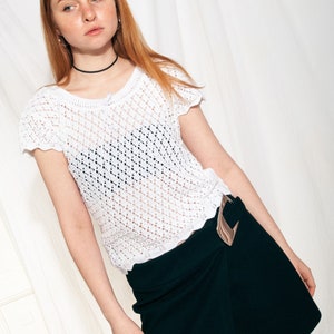 Crochet Blouse 90s White Lace Knit Crop Top 1990s Cute Cottagecore Farmcore Boho Top Crocheted T-shirt White Tee