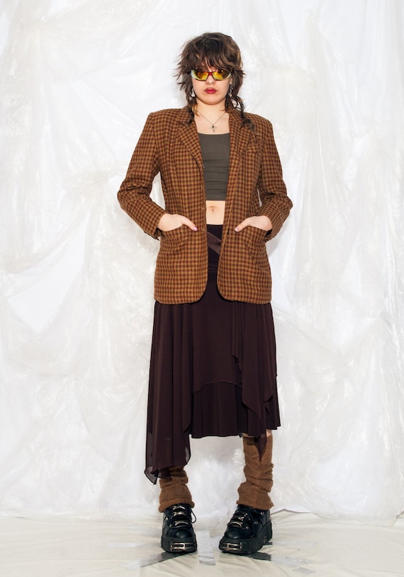 Vintage 80s Oversized Blazer in Grunge Plaid Brown Wool 1980s