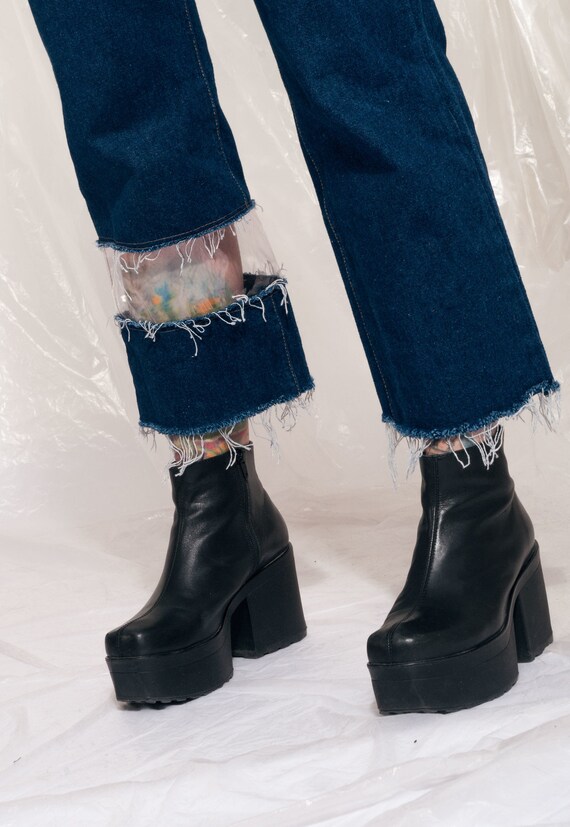 Vintage jeans 90s reworked clear PVC panel crop d… - image 3