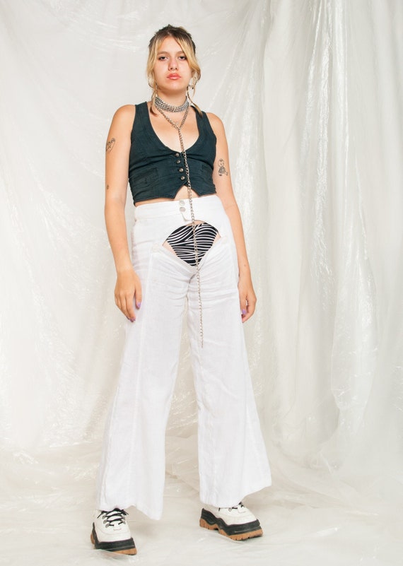 Vintage Flare Trousers Y2K Reworked Cut Out Pants in White 2000s 