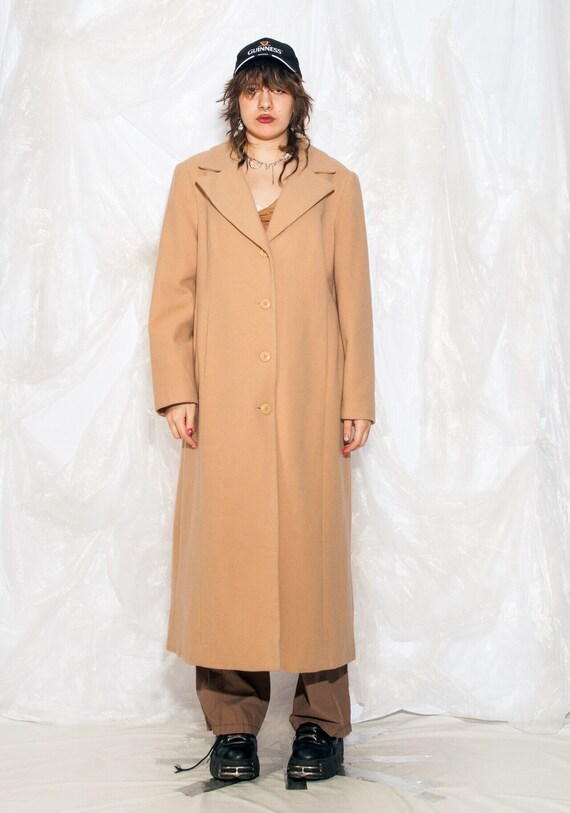 Vintage 80s Long Wool Coat in Minimalist Beige 1980s Maxi