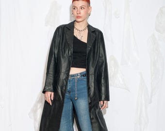Vintage Y2k Diesel Leather Black Coat Long Zip up Trench Coat Mid