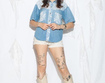 Vintage 90s Aztec Denim Shirt - Cotton Cowgirl Festival Outfit - Size M