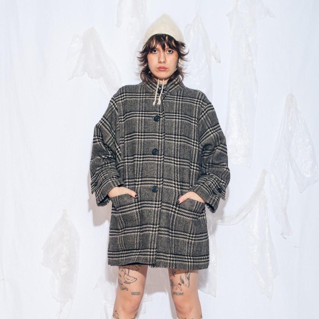 ヴィンテージ 80年代 チェック柄 冬用コート（グレーウール） - 1980