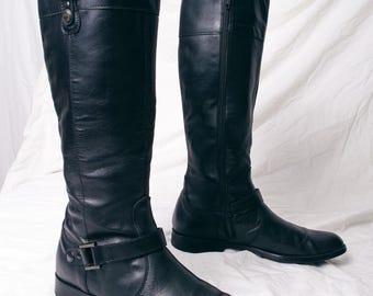 Ancien ELAN 8 ? Bottes d'équitation en cuir noir fines à carreaux de mollet Meas. Semelle de marche | eBay