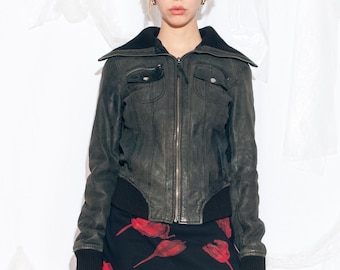 Vintage Y2K Leather Jacket Brown Distressed 2000s Jacket Cropped