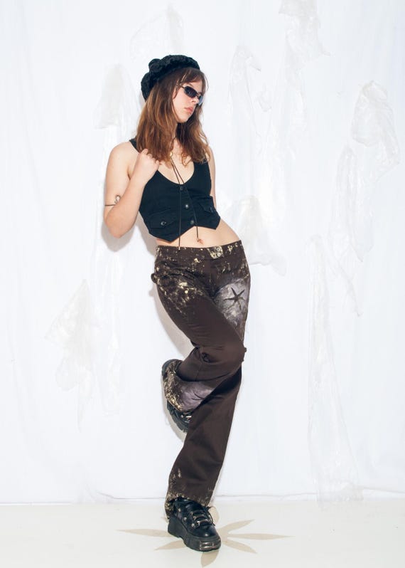 Reworked Vintage Y2K Flare Pants in Hand Painted Brown - 2000s