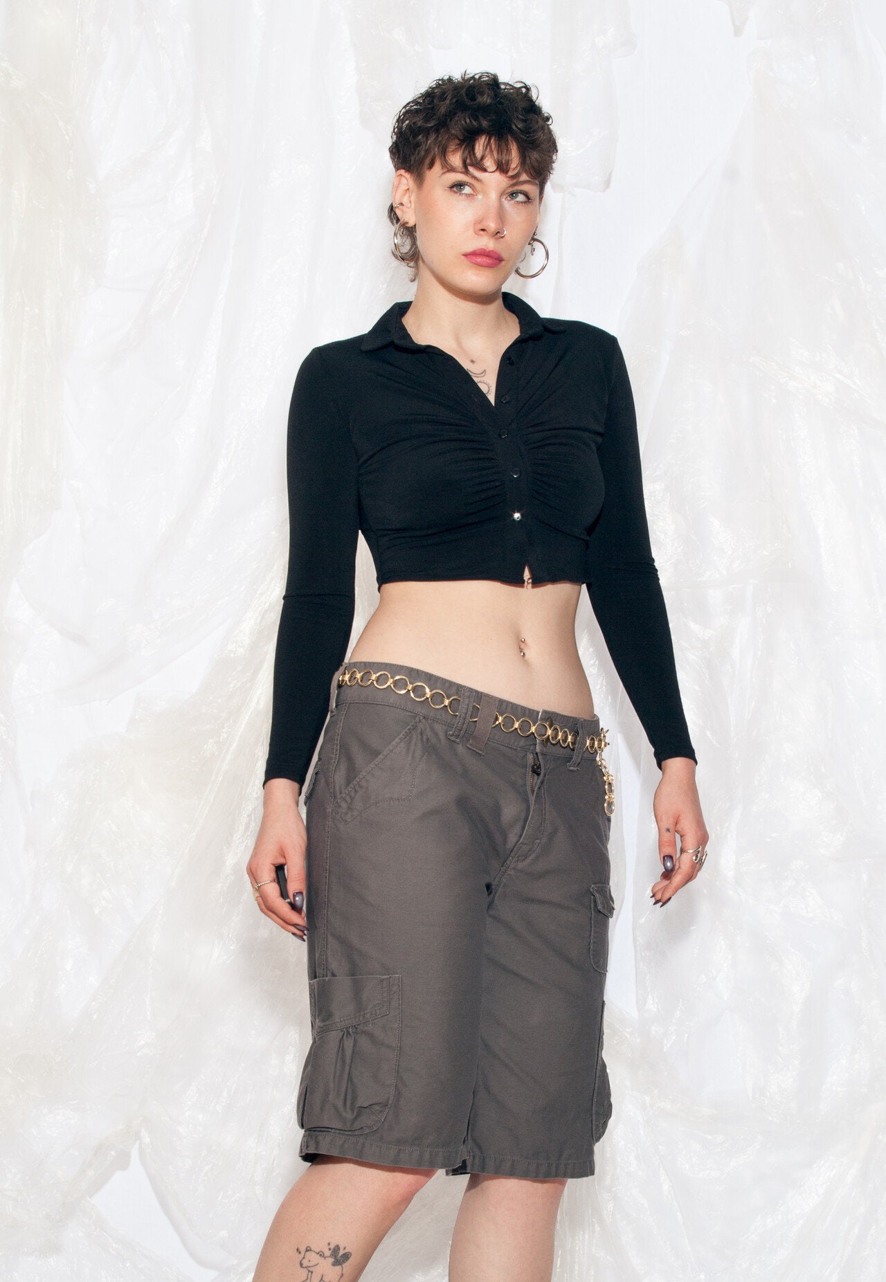 Vintage Y2K Wide Leg Capri Pants in Grey Cotton 2000s