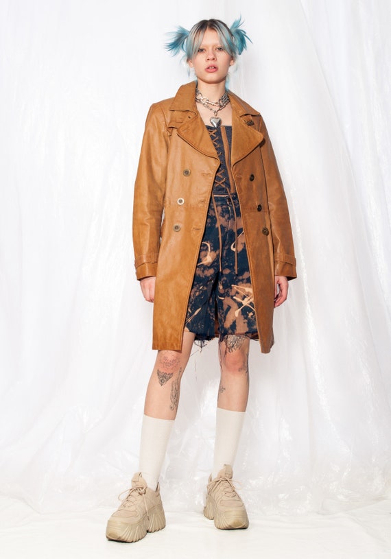 Y2K Vintage Brown Leather Trench Coat 10 12