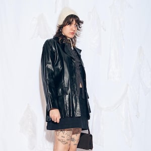 Vintage Y2K Leather Trench Coat in Black - 2000s Grunge Style Real Leather Jacket - XL