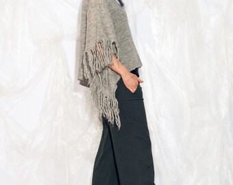 Vintage 90s Fringe Poncho in Grey Y2K Oversized Cape Knitted Sweater 1990s Boho Grunge Jumper Made in Italy