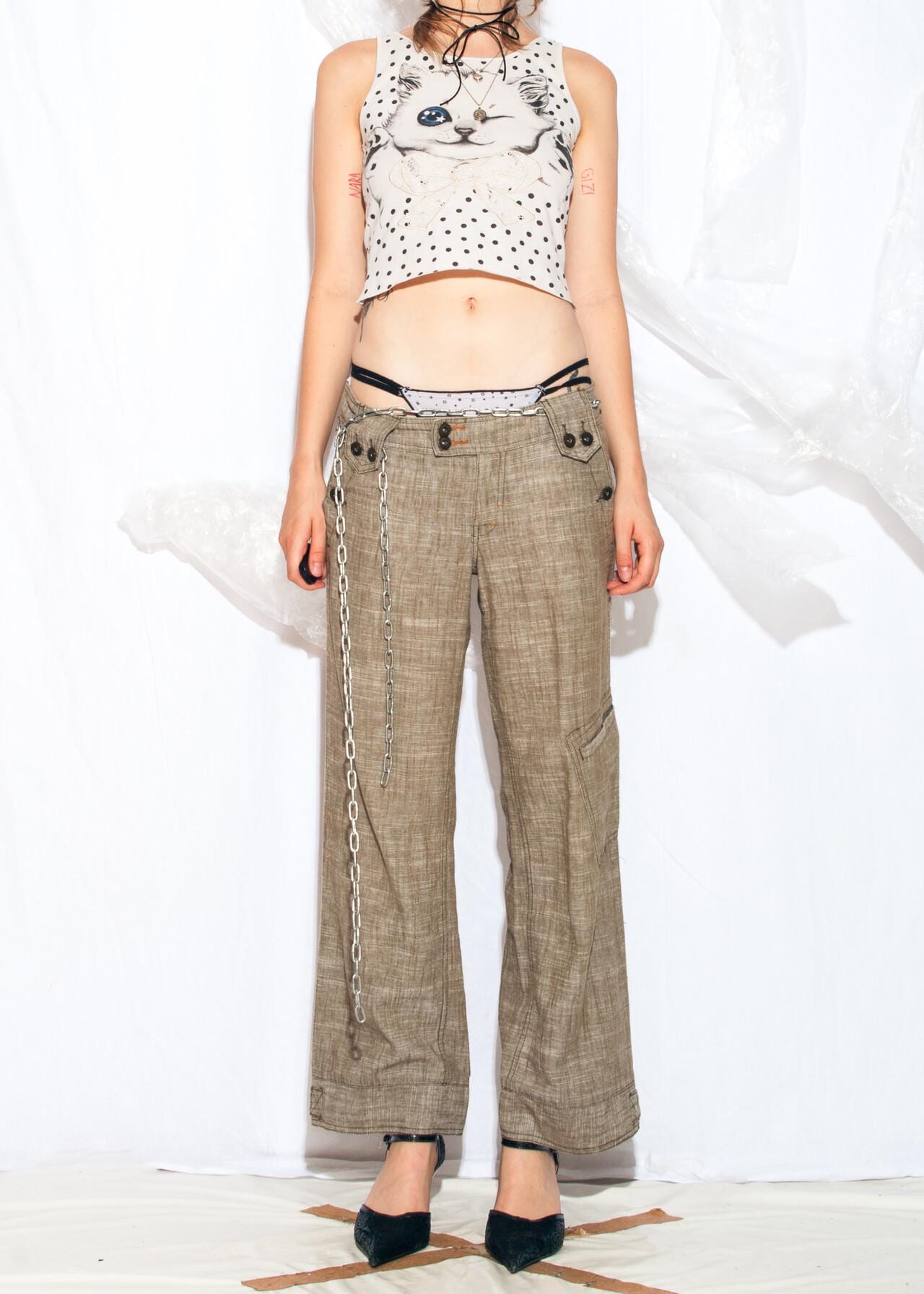 Vintage Y2K Wide Leg Trousers in Khaki - 2000s Low Rise Cargo 