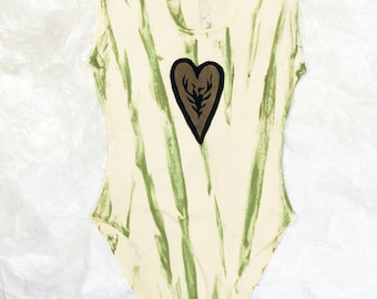 Vintage 90s Reworked Bodysuit in Beige Hand Painted 1990s Fairycore Grunge Whimsigoth Upcycled Body Medium