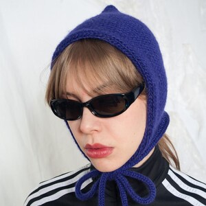 Handmade Knitted Hood in Purple made from Vintage Yarn - Baby Bonnet Hat with Bow - Sustainable Fashio Designer Accessory image 3