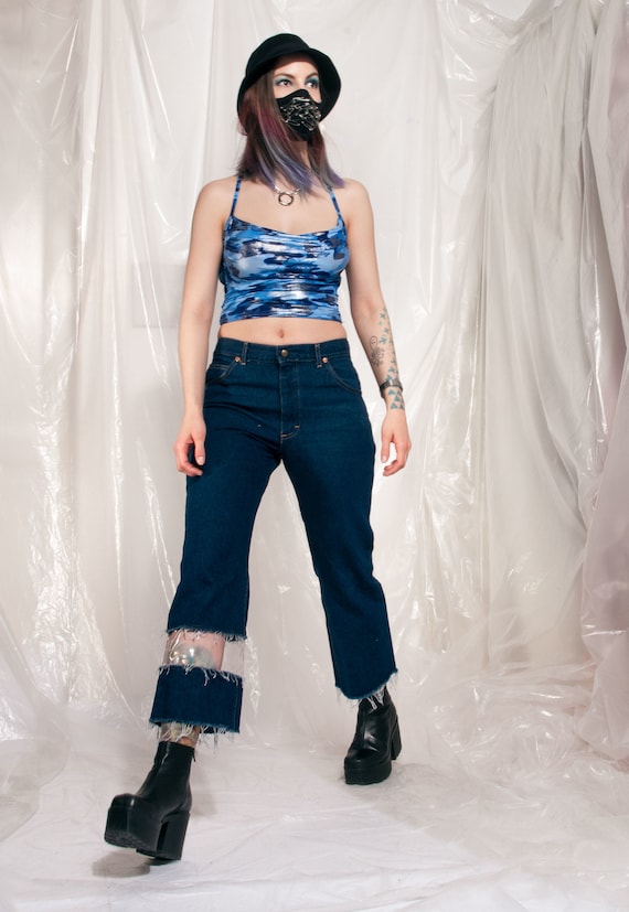 Vintage jeans 90s reworked clear PVC panel crop d… - image 2