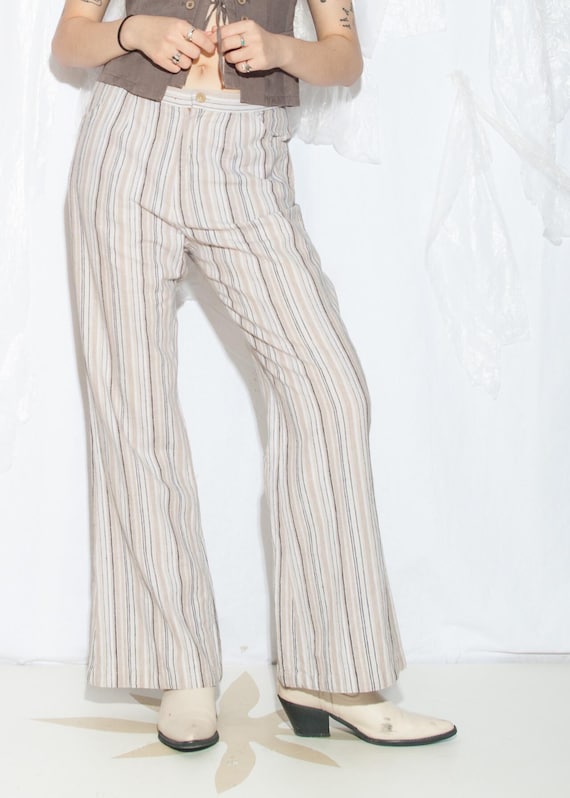 goa系 2000's linen flarepants archive y2k Vintage Y2K Wide-leg Trousers in Beige Linen - 2000s Vertical